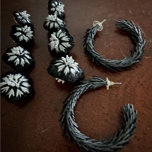 Two Pair of Earrings Black & White Dangling & Black Feathered Semi- Hoops